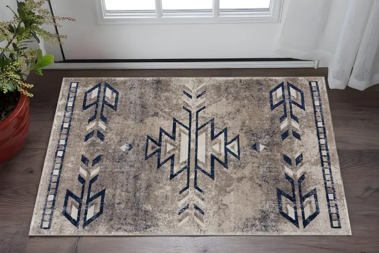 2' X 5' Blue And Beige Abstract Area Rug