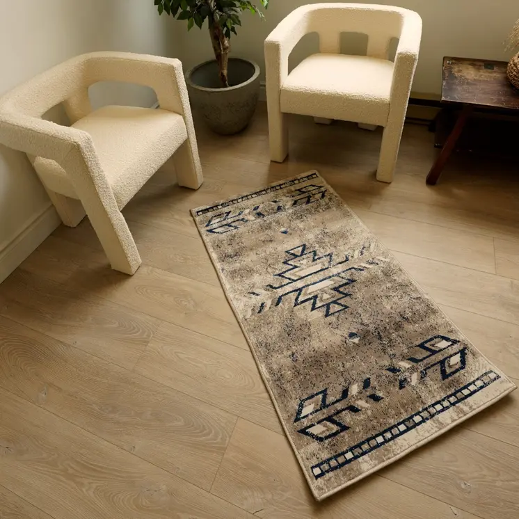 2' X 5' Blue And Beige Abstract Area Rug
