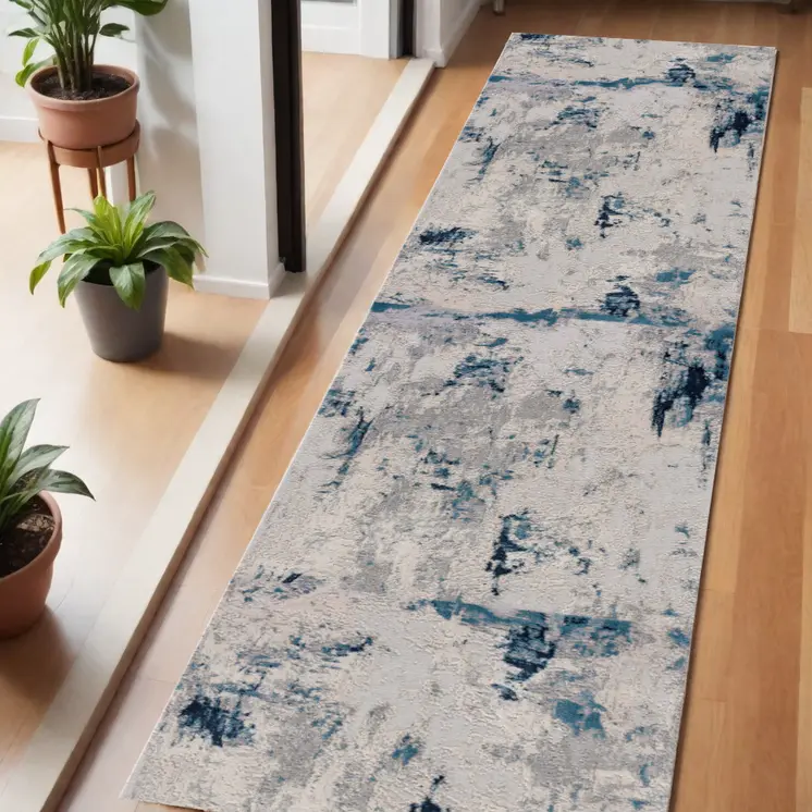 6' Blue And Cream Abstract Runner Rug