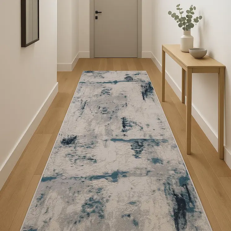 12' Blue And Cream Abstract Runner Rug
