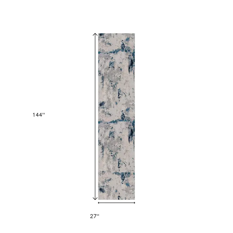 12' Blue And Cream Abstract Runner Rug