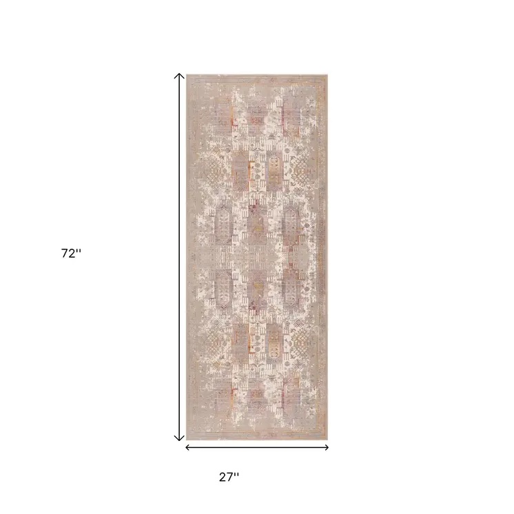 6' Gray And Beige Southwestern Runner Rug