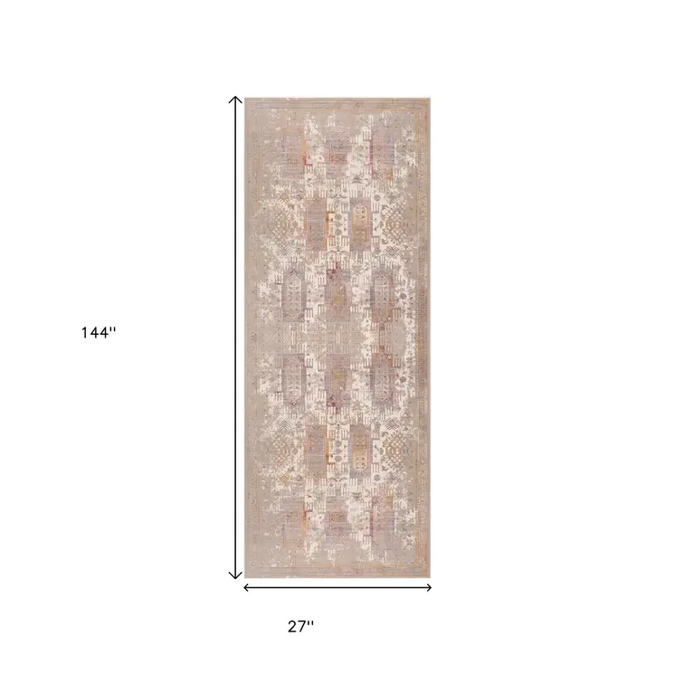 12' Gray And Beige Southwestern Runner Rug