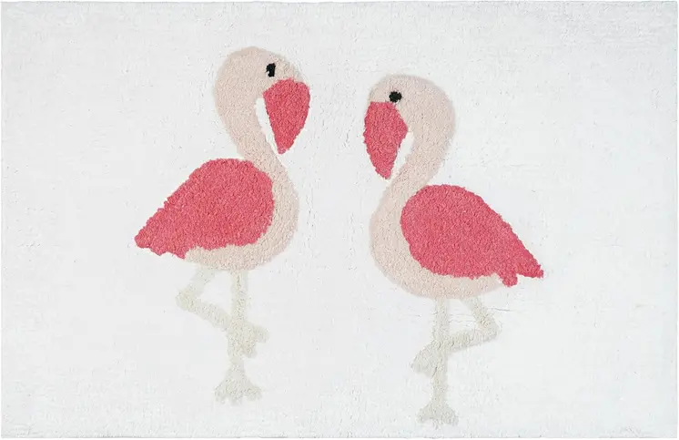 32" Pink And White Cotton Flamingo Non Slip Bath Rug