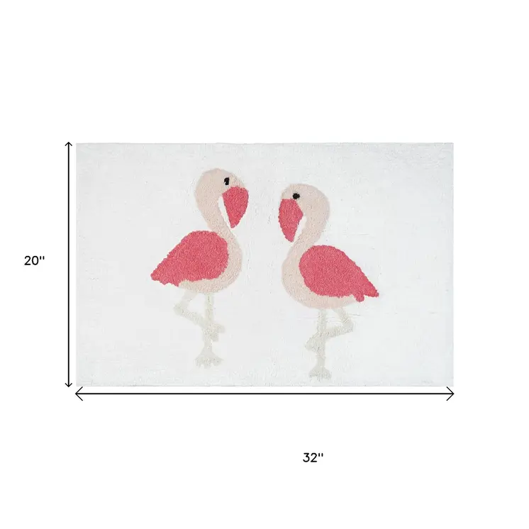 32" Pink And White Cotton Flamingo Non Slip Bath Rug