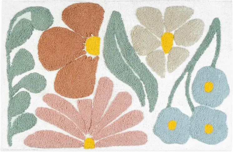 32" White Blue And Green Cotton Floral Bath Rug