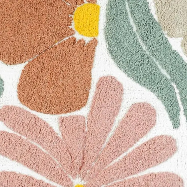 32" White Blue And Green Cotton Floral Bath Rug