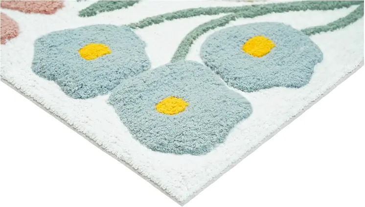 32" White Blue And Green Cotton Floral Bath Rug