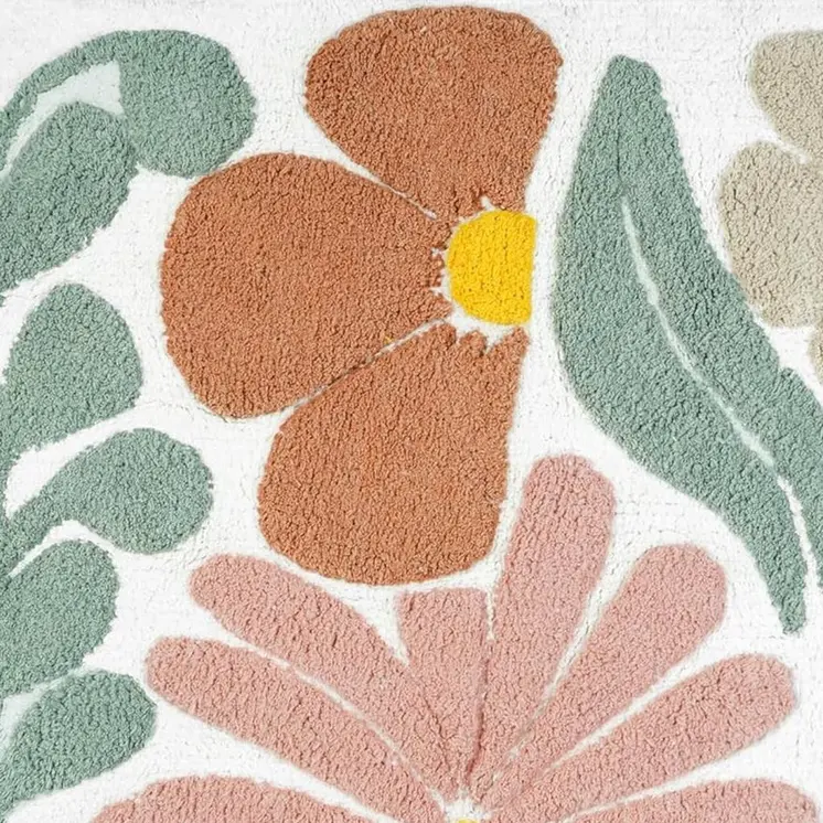 32" White Blue And Green Cotton Floral Bath Rug