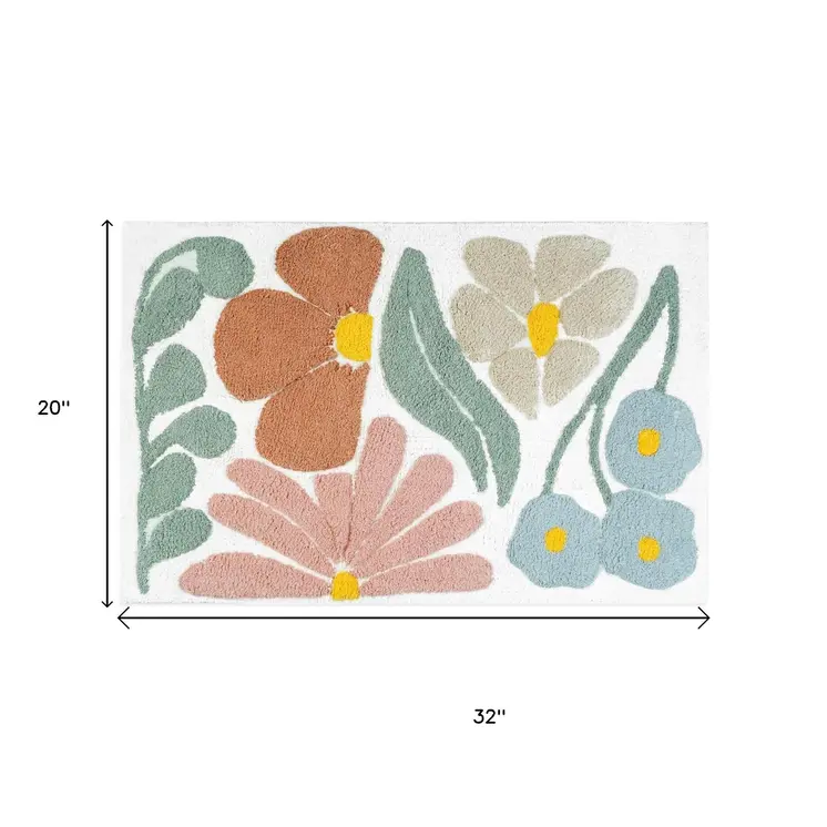 32" White Blue And Green Cotton Floral Bath Rug