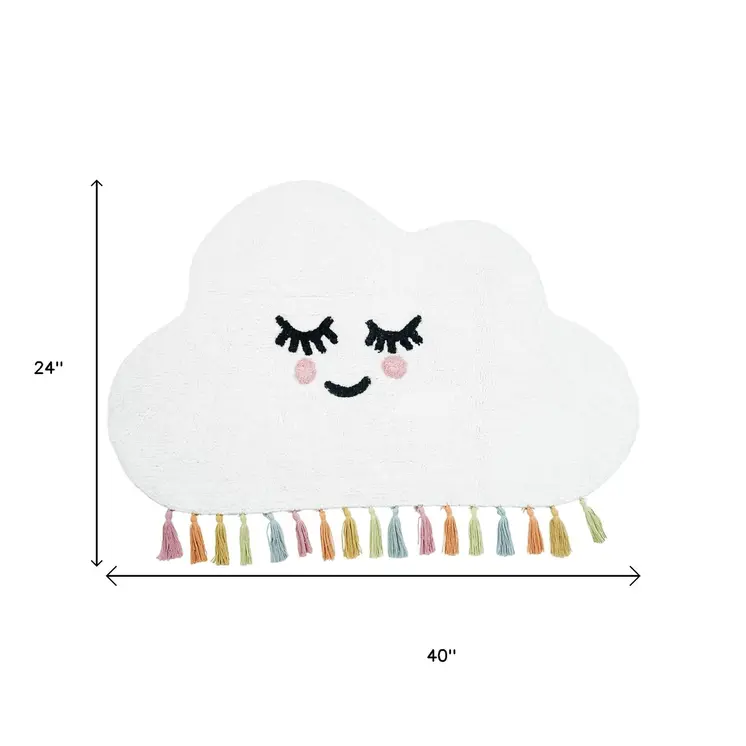 2' X 4' White Cloud Shape Smiley Face Washable Area Rug With Tassels