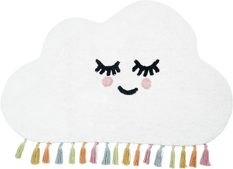 2' X 4' White Cloud Shape Smiley Face Washable Area Rug With Tassels