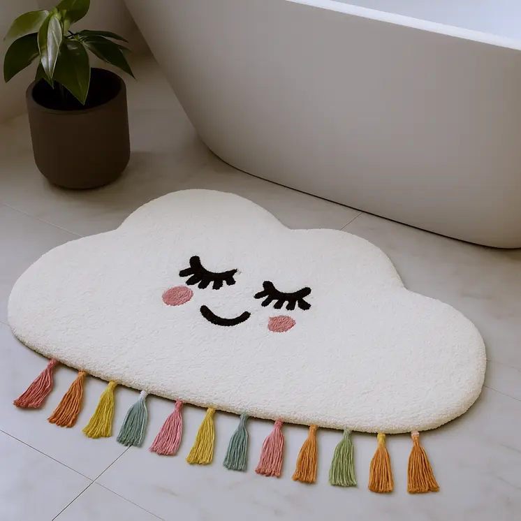 2' X 4' White Cloud Shape Smiley Face Washable Area Rug With Tassels