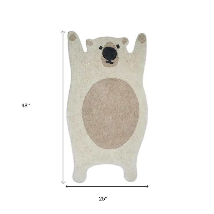 2' X 4' Brown And Off White Bear Youthful Hand Knotted Washable Area Rug