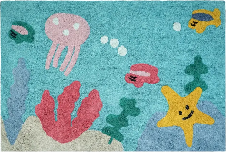 3' X 4' Aqua Yellow And Coral Starfish Youthful Washable Area Rug