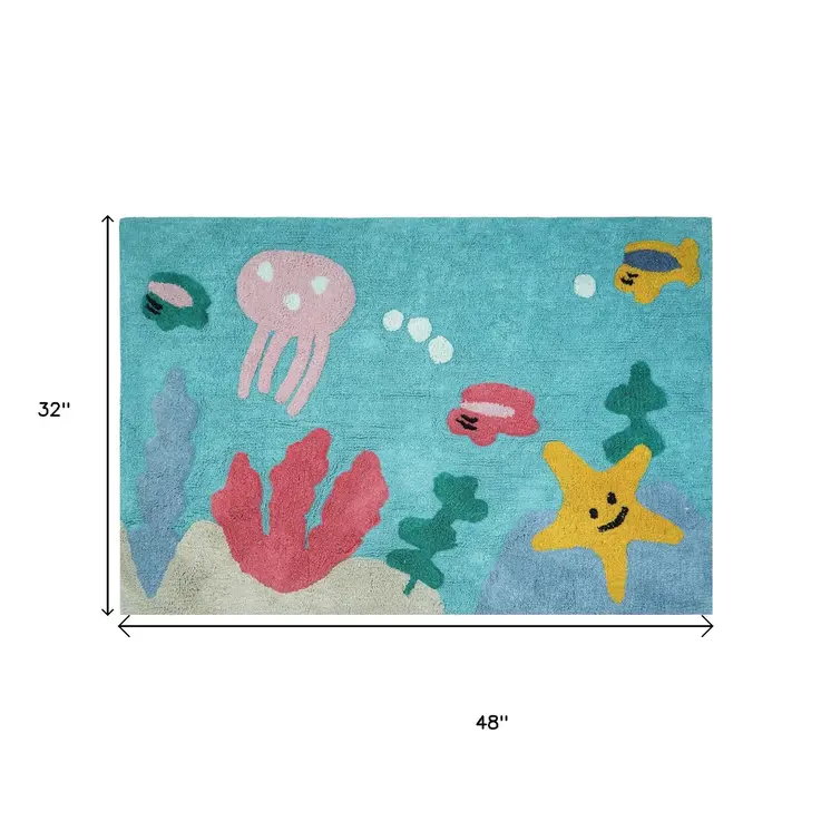 3' X 4' Aqua Yellow And Coral Starfish Youthful Washable Area Rug
