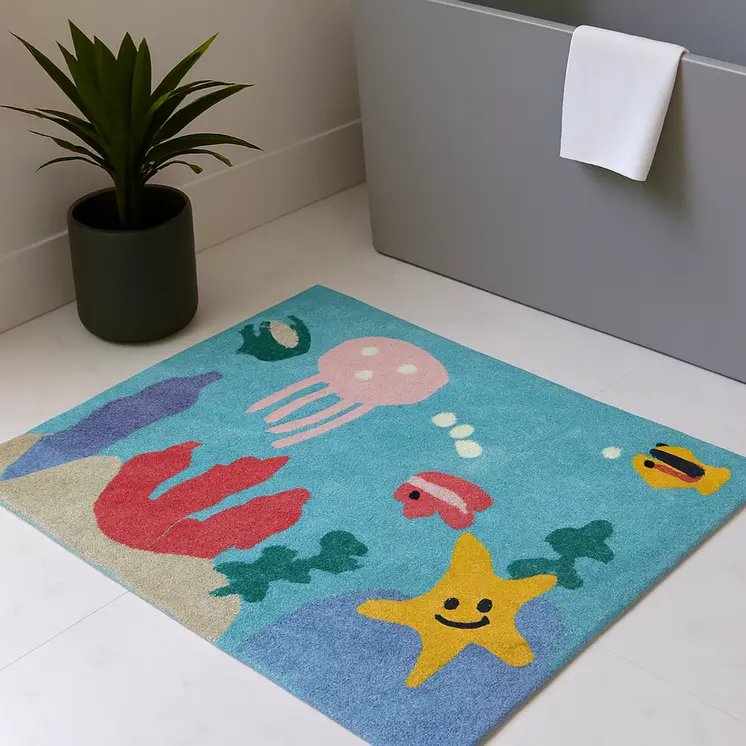 3' X 4' Aqua Yellow And Coral Starfish Youthful Washable Area Rug