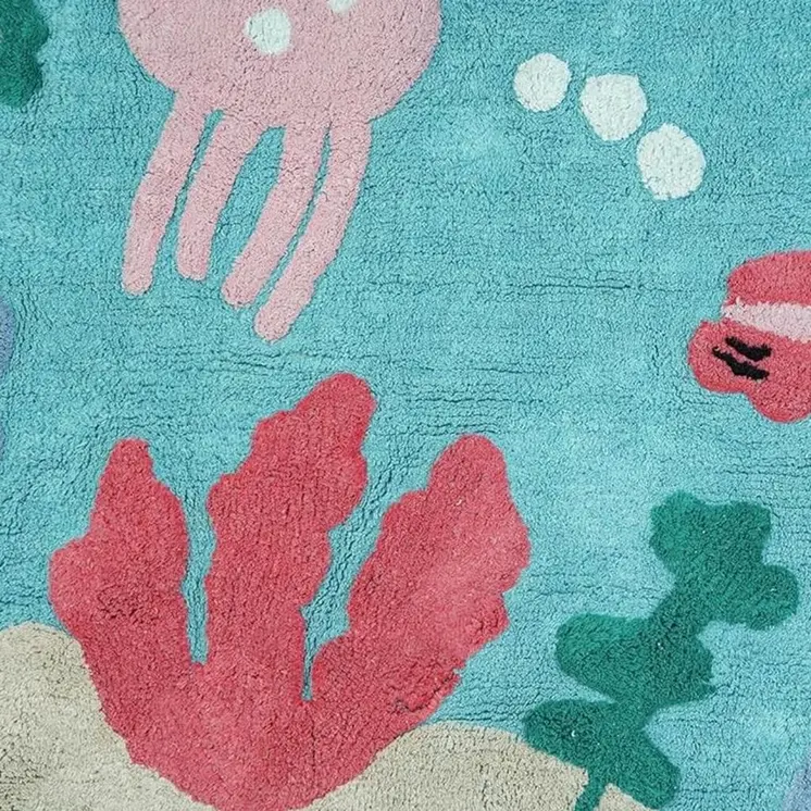 3' X 4' Aqua Yellow And Coral Starfish Youthful Washable Area Rug