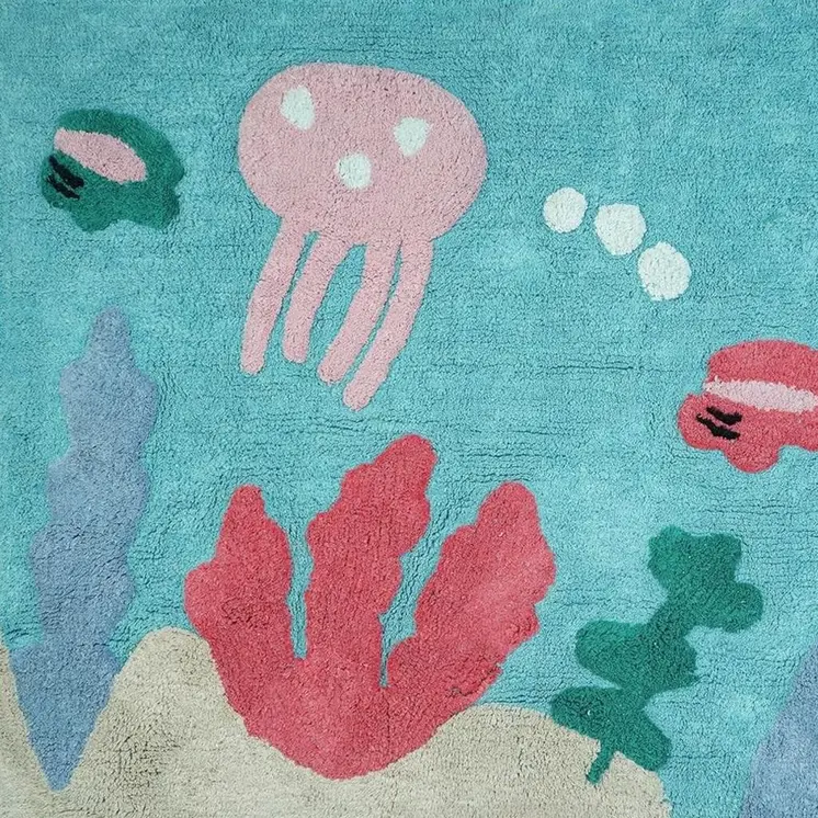 3' X 4' Aqua Yellow And Coral Starfish Youthful Washable Area Rug