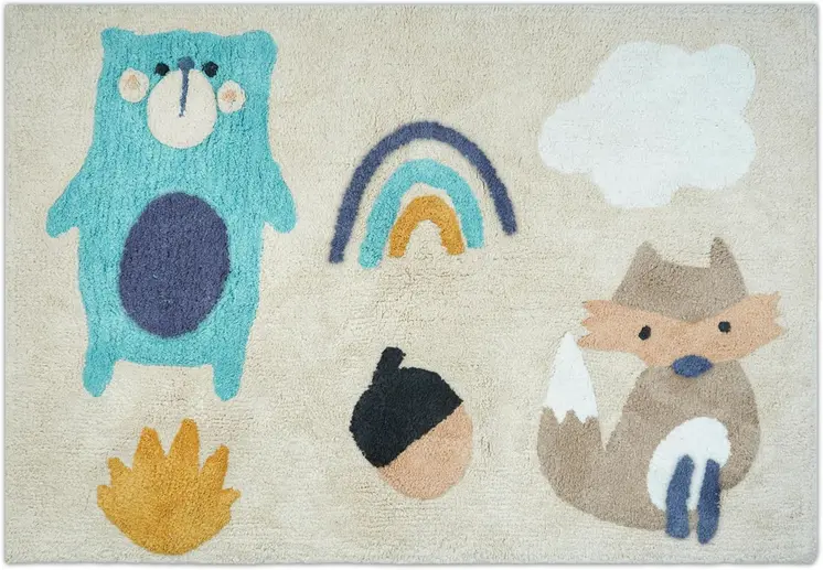 3' X 4' Beige And Blue Woodland Animals Youthful Washable Area Rug