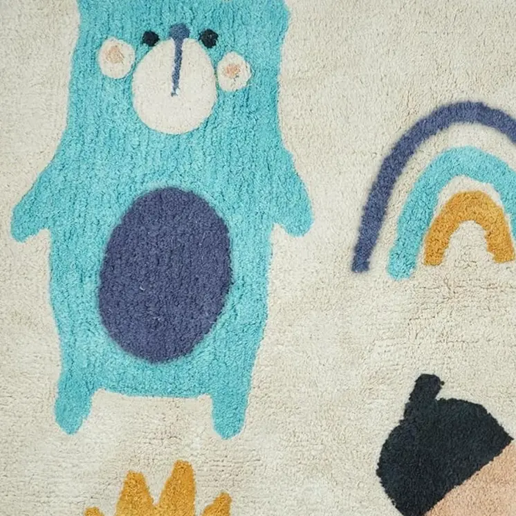 3' X 4' Beige And Blue Woodland Animals Youthful Washable Area Rug