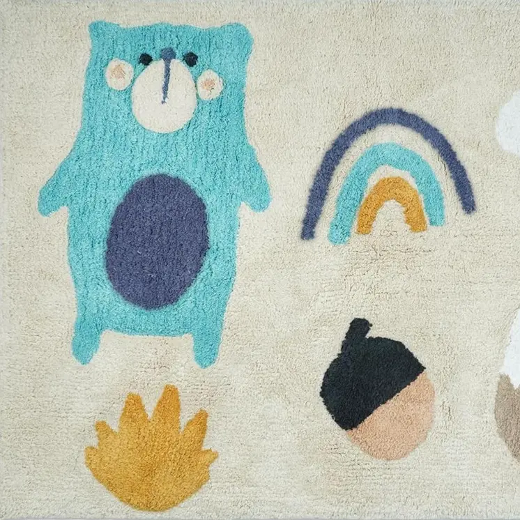 3' X 4' Beige And Blue Woodland Animals Youthful Washable Area Rug