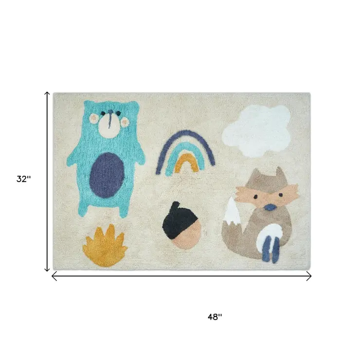 3' X 4' Beige And Blue Woodland Animals Youthful Washable Area Rug
