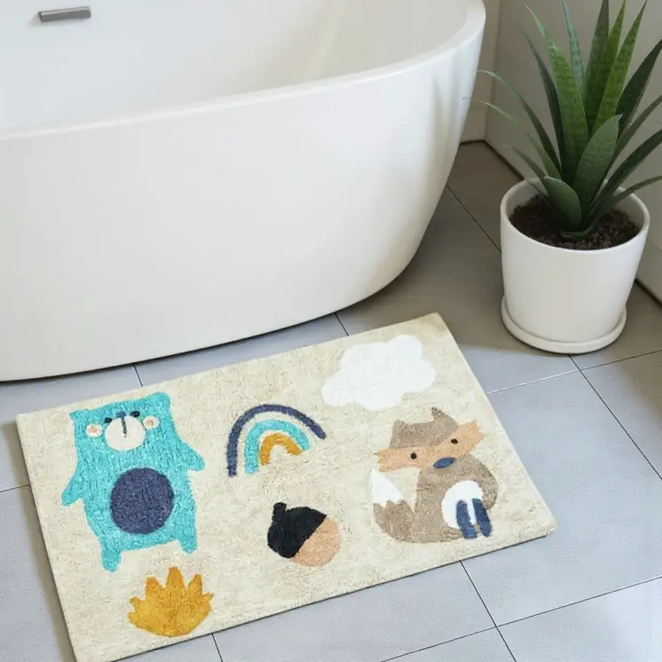 3' X 4' Beige And Blue Woodland Animals Youthful Washable Area Rug
