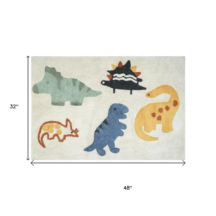 3' X 4' Ivory Blue And Yellow Dinosaurs Youthful Washable Area Rug