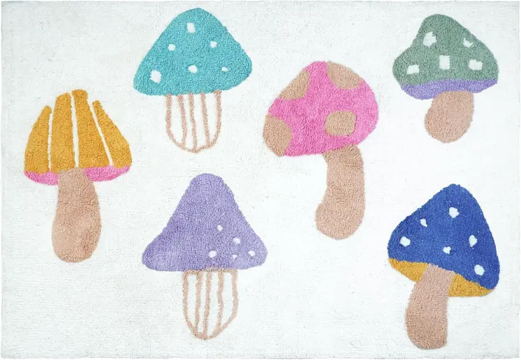 3' X 4' White Blue Pink And Tan Mushrooms Youthful Washable Area Rug