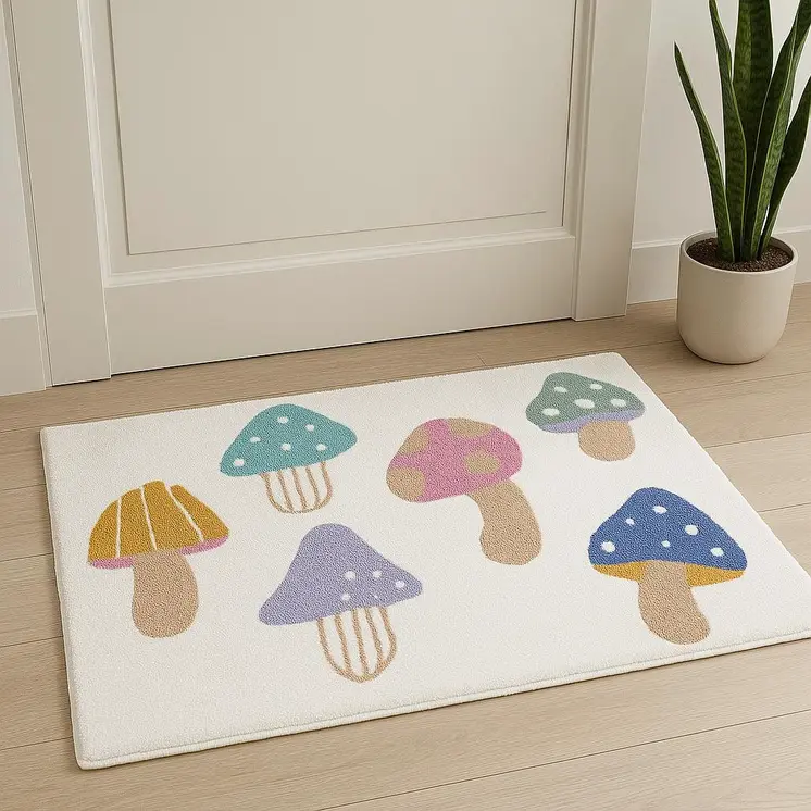 3' X 4' White Blue Pink And Tan Mushrooms Youthful Washable Area Rug