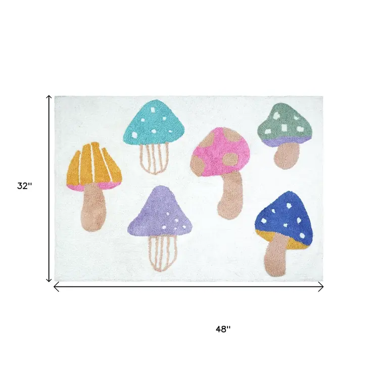 3' X 4' White Blue Pink And Tan Mushrooms Youthful Washable Area Rug