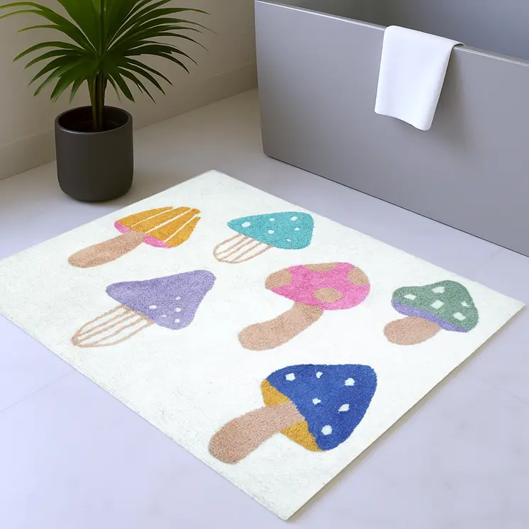 3' X 4' White Blue Pink And Tan Mushrooms Youthful Washable Area Rug
