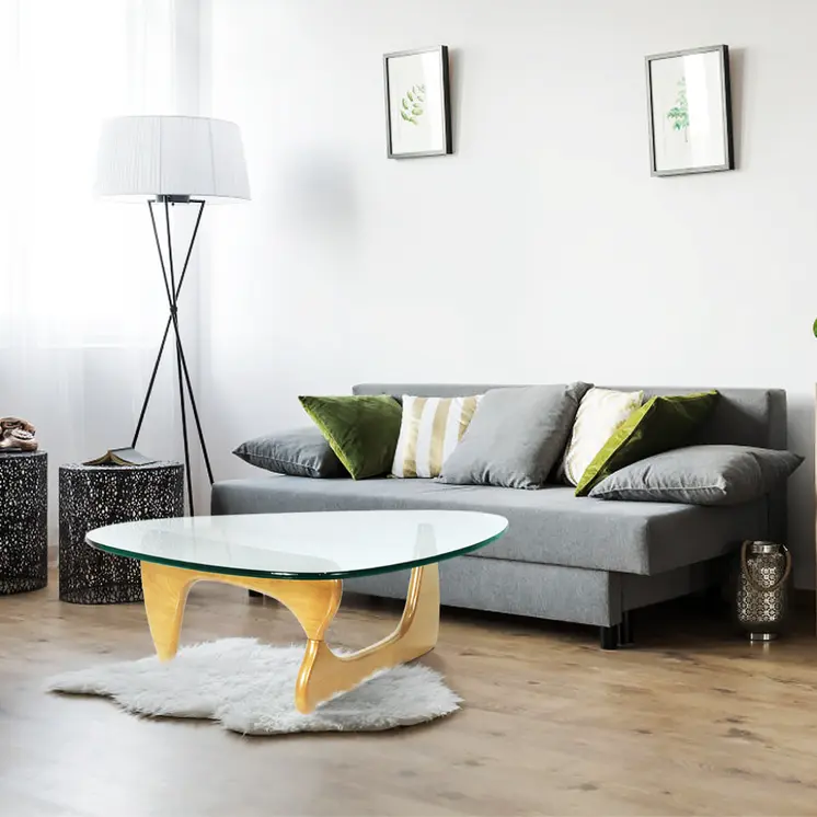 54" Clear and Natural Glass and Wood Triangle Abstract Coffee Table