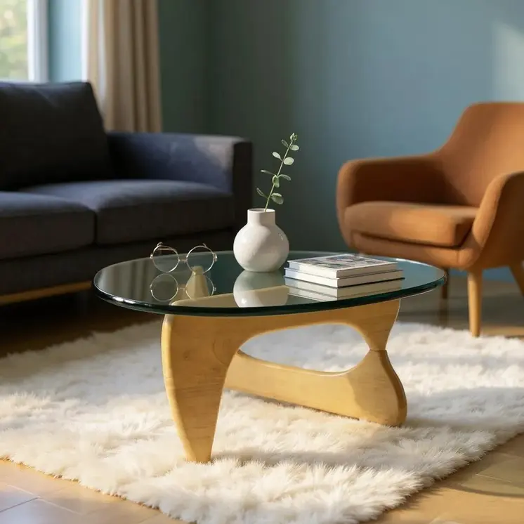 54" Clear and Natural Glass and Wood Triangle Abstract Coffee Table