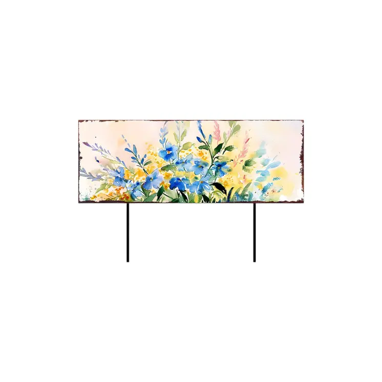 27" Blue White And Yellow Solid Wood Watercolor Floral Garden Stake