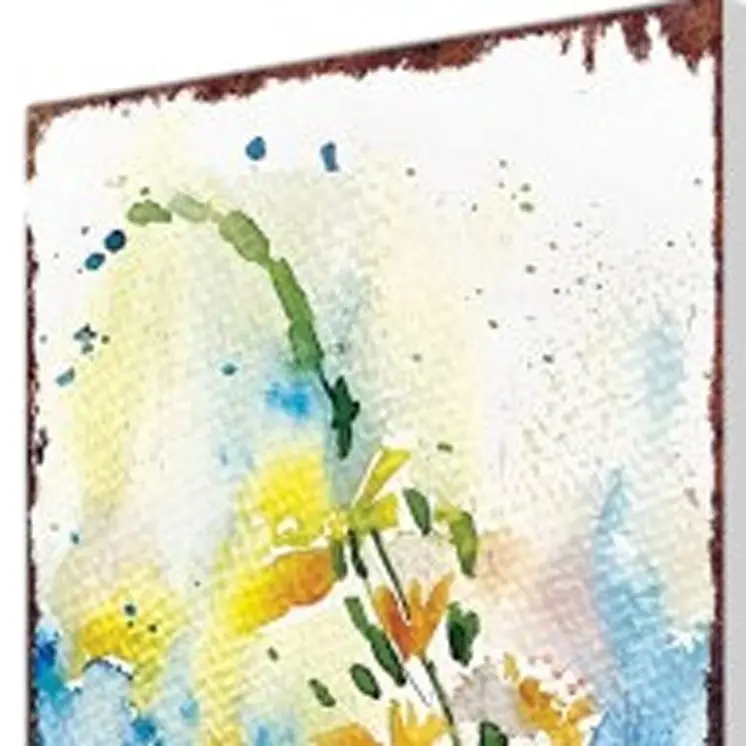 33" Blue White And Yellow Solid Wood Watercolor Floral Garden Stake
