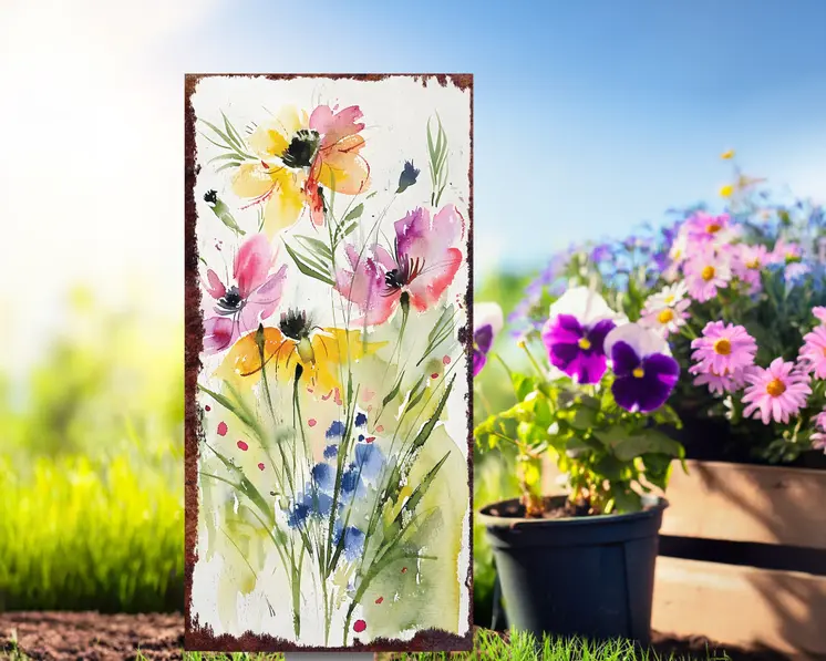 30" Blue Pink White And Yellow Solid Wood Wildflowers Garden Stake