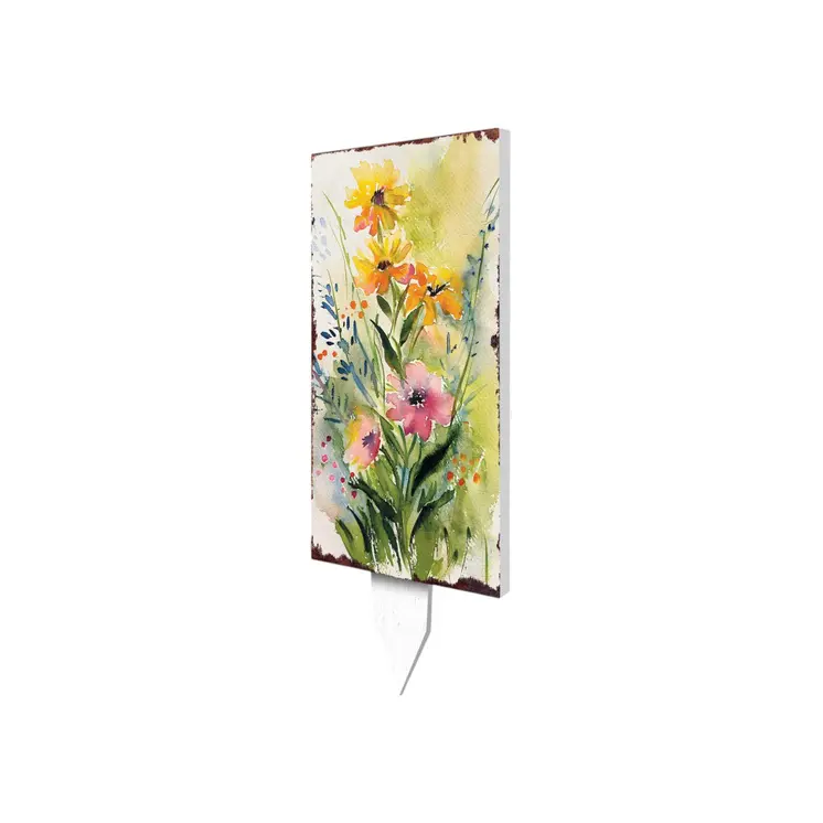 30" Green Pink White And Yellow Solid Wood Wildflowers Garden Stake