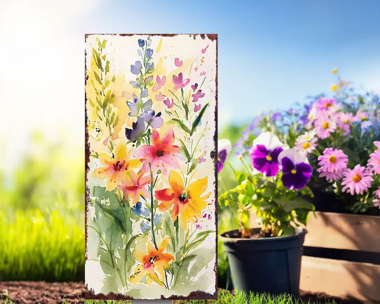 30" Green Pink White And Yellow Solid Wood Watercolor Floral Garden Stake