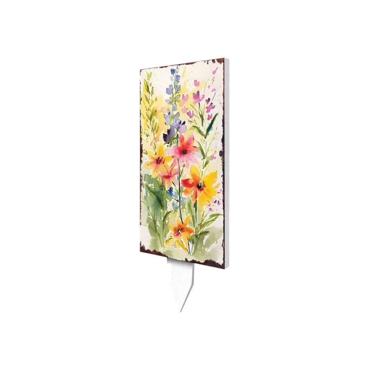 30" Green Pink White And Yellow Solid Wood Watercolor Floral Garden Stake