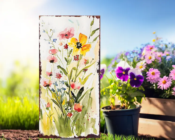 30" Green Pink White And Yellow Solid Wood Floral Bouquet Garden Stake