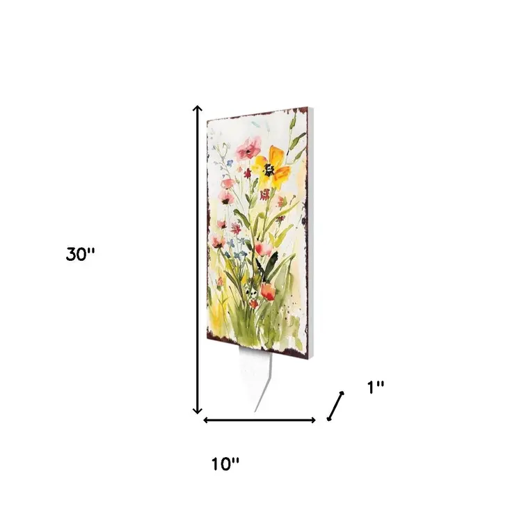 30" Green Pink White And Yellow Solid Wood Floral Bouquet Garden Stake