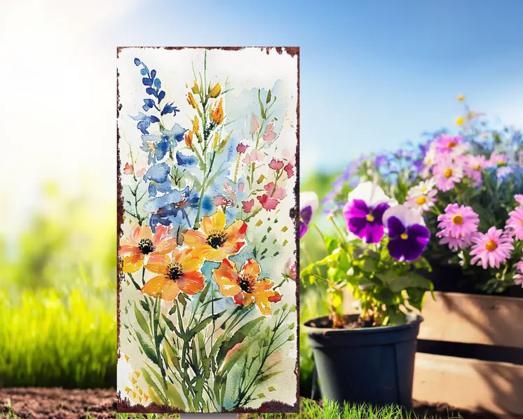 30" Blue Pink White And Yellow Solid Wood Watercolor Floral Garden Stake
