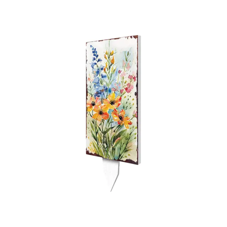 30" Blue Pink White And Yellow Solid Wood Watercolor Floral Garden Stake