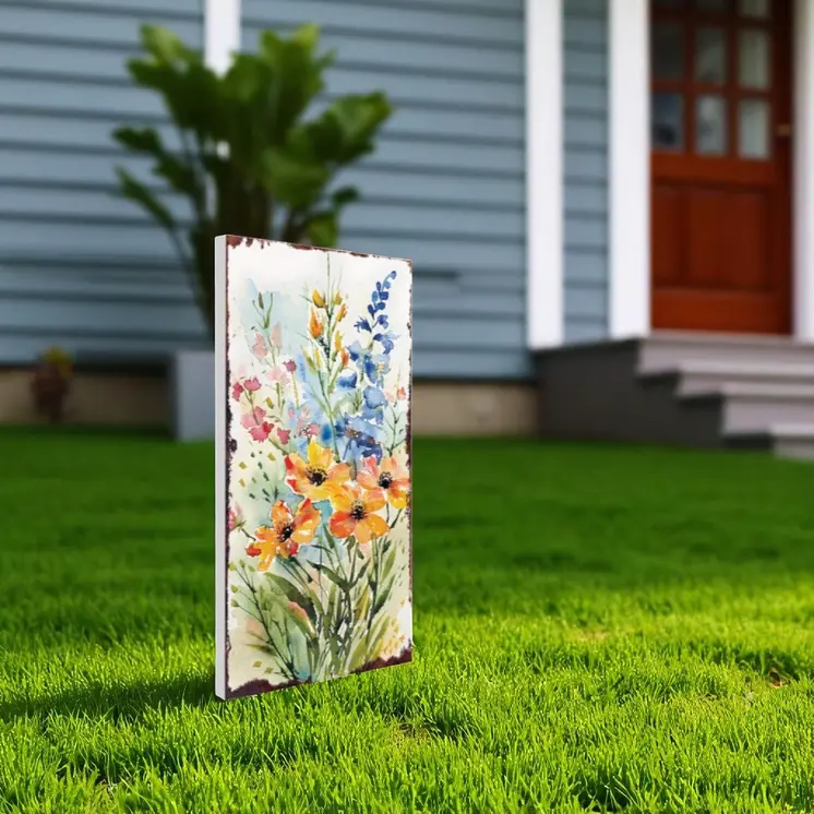 30" Blue Pink White And Yellow Solid Wood Watercolor Floral Garden Stake