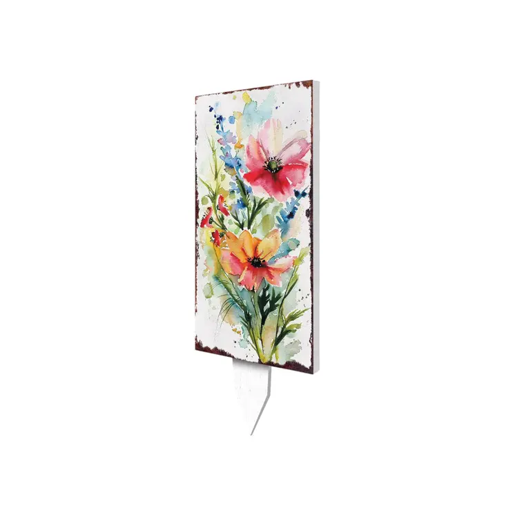 30" Blue Green Pink And White Solid Wood Watercolor Floral Garden Stake