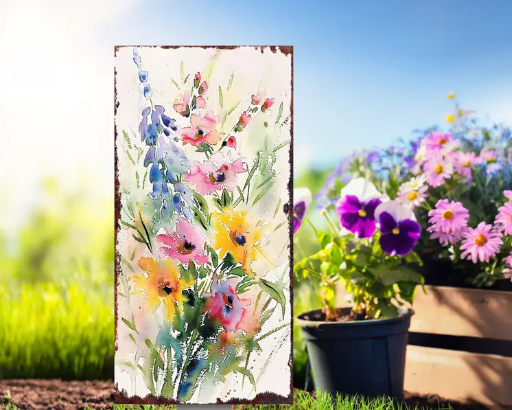 30" Blue Pink White And Yellow Solid Wood Wildflowers Garden Stake