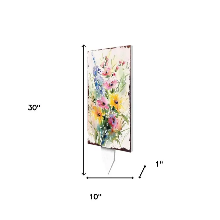 30" Blue Pink White And Yellow Solid Wood Wildflowers Garden Stake