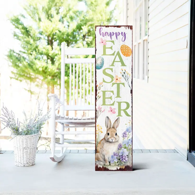 36" White Green And Purple Solid Wood Happy Easter Bunny Porch Sign